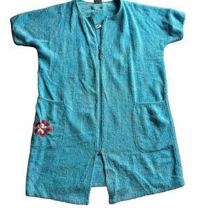 Down Under Robe Womens Medium Blue‎ Chenille Short Sleeve Cotton Embroidered VTG